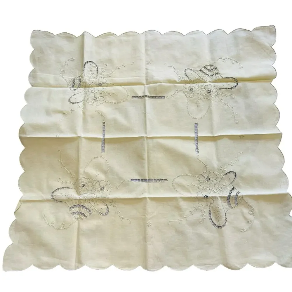 Vintage Linen Cutwork Tablecloth Pale Yellow Cream Vintage Teacloth Table Cover